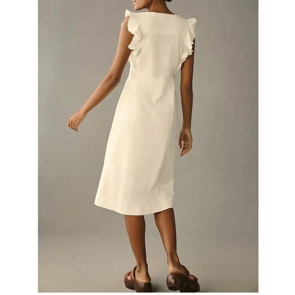 NWOT Anthropologie Pilcro Scoop-Neck Ruffle-Sleeve Buttondown Dress White Sz 10 - Picture 3 of 11